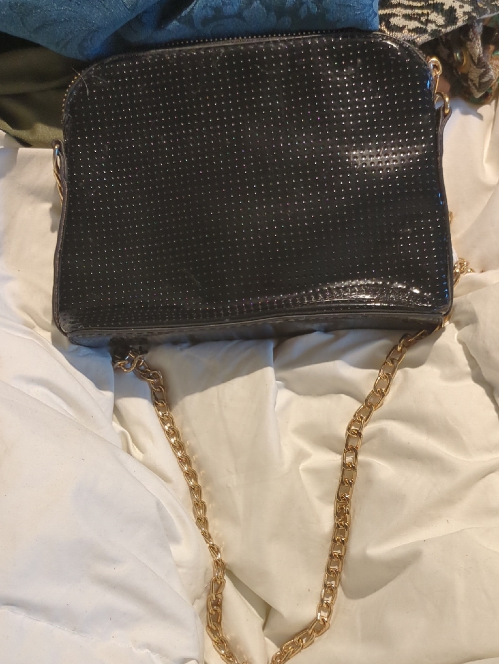 Black Patent Crossbody Bag with Gold Chain Strap